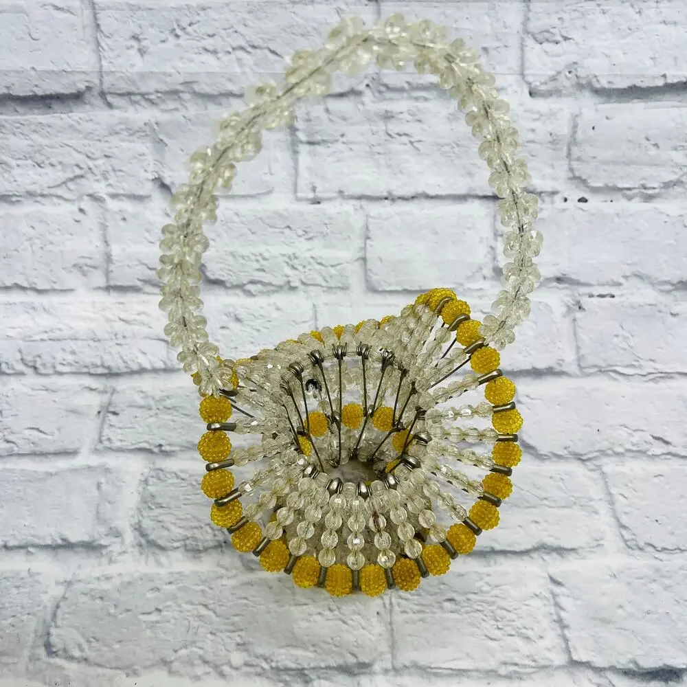Vintage Handmade Beaded Safety Pin Basket Mid Century Yellow Silver 12
